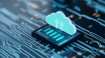 Digital Cloud Icon with Data Upload Arrows Over Circuit Board Background for Technology Concepts