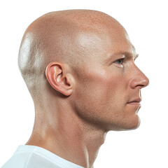 Portrait of a bald man head side view, isolated on transparent background, png
