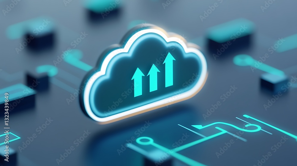 Poster digital cloud icon with upward arrows on futuristic background representing cloud computing and data