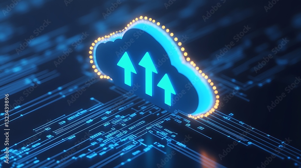 Poster digital cloud icon with upward arrows representing data upload in a futuristic technology environmen