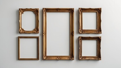 Elegant arrangement of five vintage gold frames in various sizes on a light textured wall showcasing empty spaces for artwork or photos.