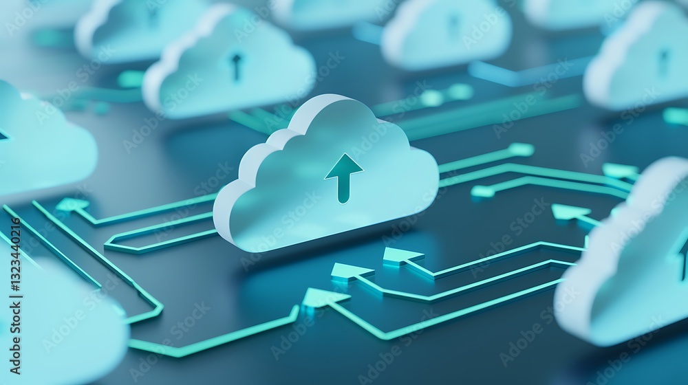 Poster digital cloud storage concept with arrow graphics illustrating data transfer and network connections