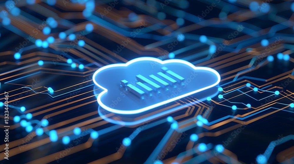 Poster digital cloud storage concept with data graph on circuit board background in blue and orange tones