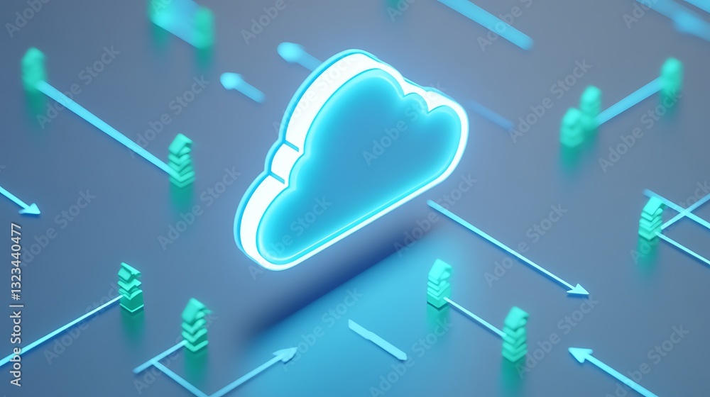 Poster digital cloud storage concept with glowing cloud icon and arrows representing data flow and connecti
