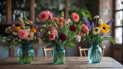 Colorful floral arrangements in clear glass vases on a rustic wooden table, featuring pink, red, yellow flowers with greenery, well-lit interior.