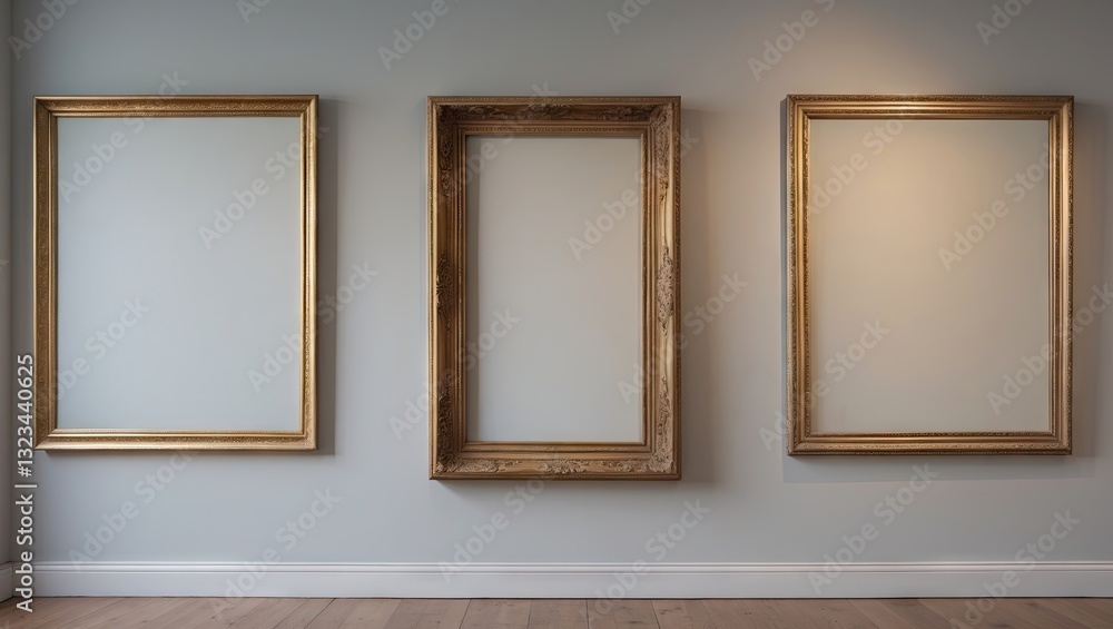 Poster three ornate golden picture frames positioned symmetrically on a soft gray gallery wall, highlightin