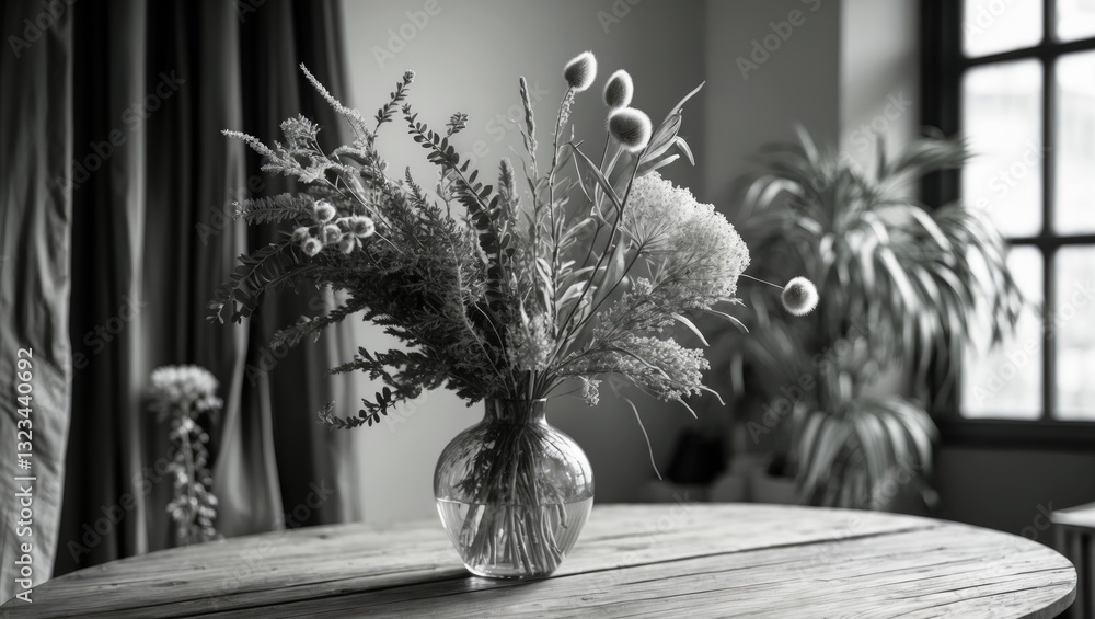 Aufkleber monochrome arrangement of dried greenery in a glass vase on a wooden table with soft light and curta