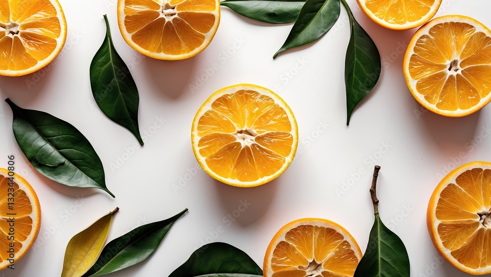 Aufkleber Flat lay of halved orange fruits arranged on a white background surrounded by green leaves creating ample copy space for text or design.