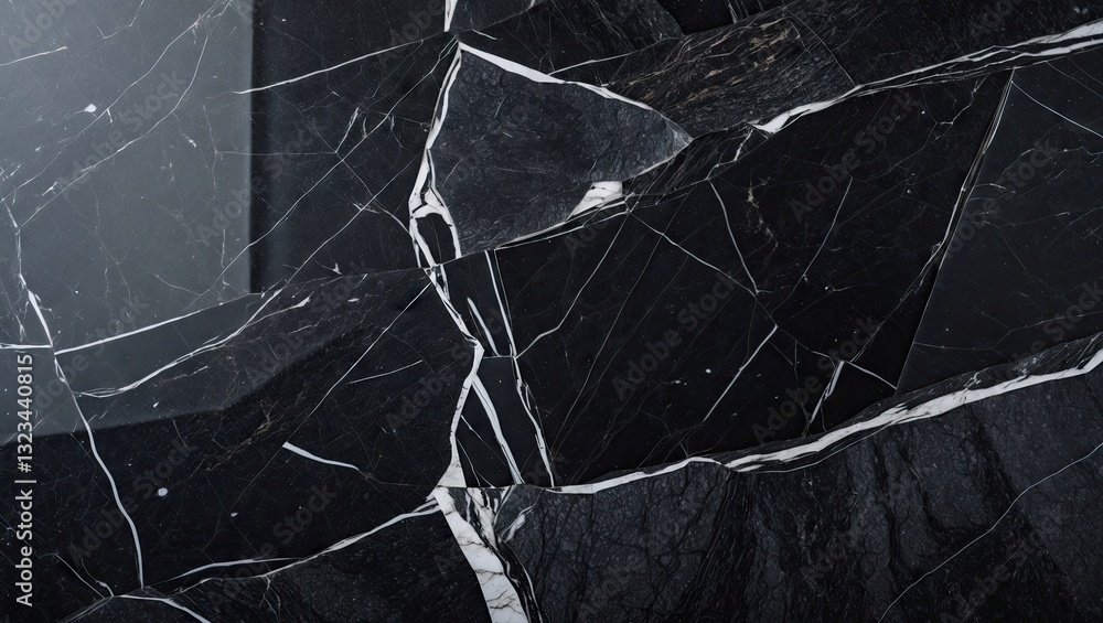 Poster Black marble texture with white veining details showcasing sharp angles and smooth surfaces, emphasizing depth and elegance in a dark setting.