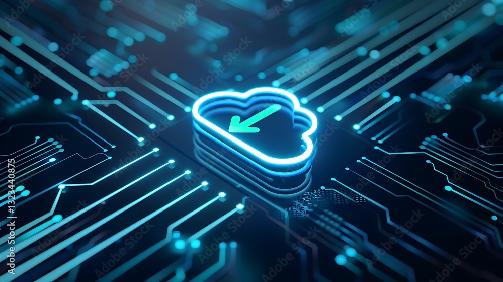Poster digital cloud storage interface symbol with circuit lines and glowing neon effect in blue and black 