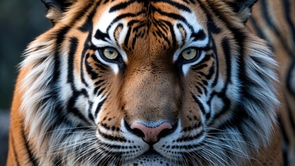 Fototapeta premium Siberian tiger face close-up showcasing vibrant orange and black stripes with piercing green eyes against a blurred background for text space.