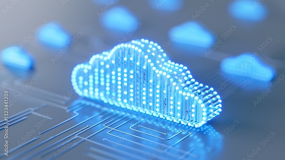 Poster digital cloud technology concept with blue neon lights on a circuit board background for modern appl