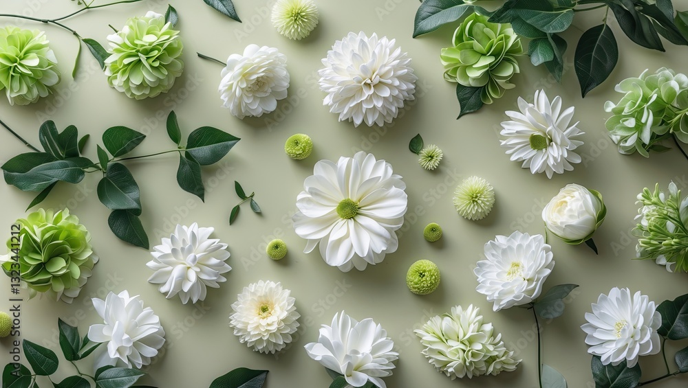 Aufkleber top view of lush green and white artificial flowers scattered on a soft pastel green background, fea