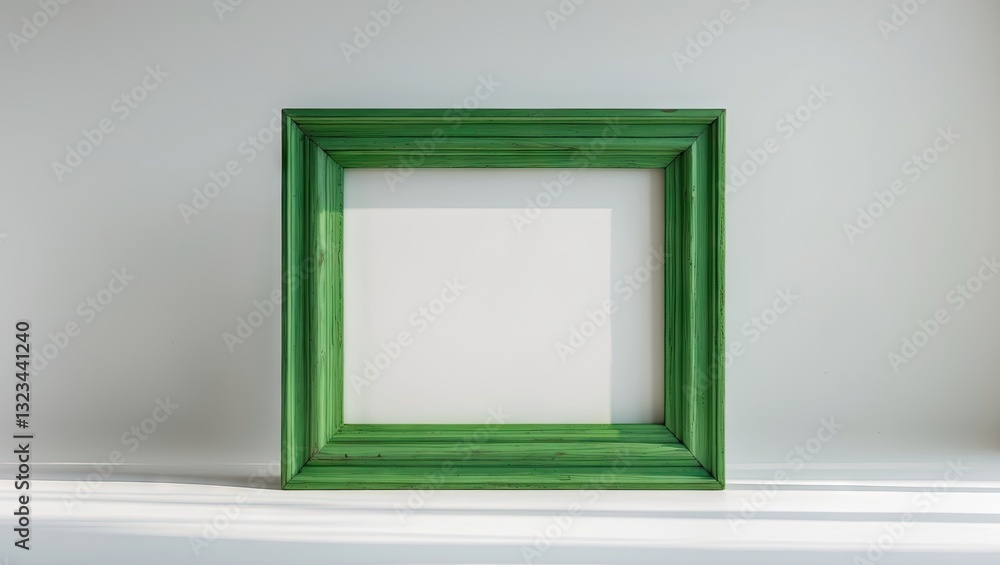 Poster green wooden picture frame centered against a light grey background casting soft shadows with clear 