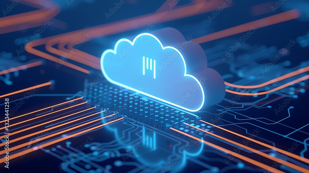 Poster digital cloud technology concept with circuit board background and neon color effects
