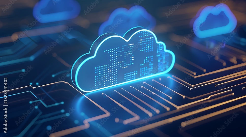 Poster digital cloud technology concept with circuit board elements and blue neon glow for modern data stor