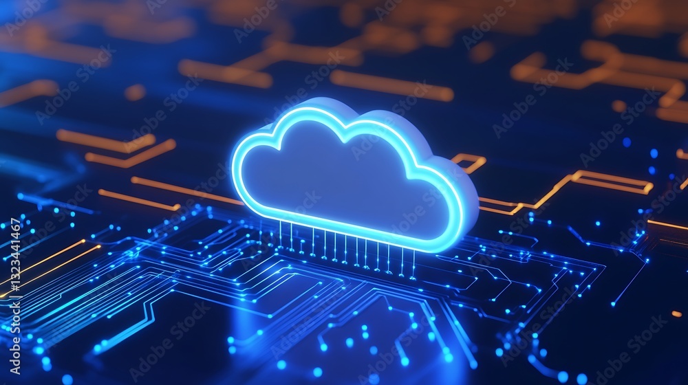 Poster digital cloud technology concept with circuit lines and neon glow on dark background for tech themes