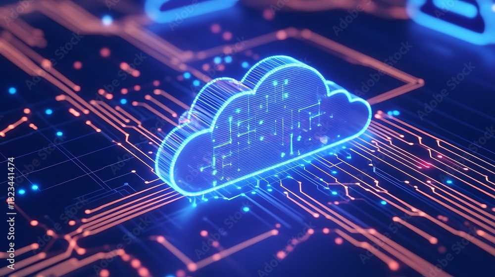 Aufkleber digital cloud technology concept with circuit boards and neon lights for future data storage visuali