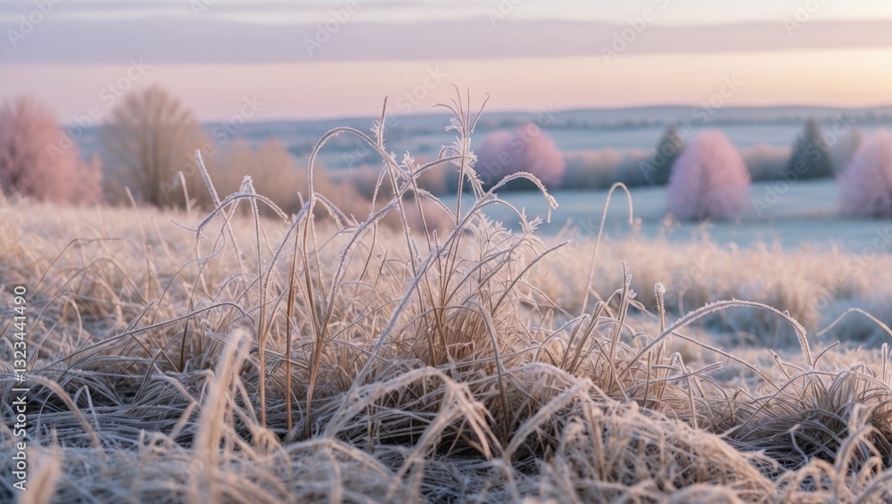 Poster frost-covered grass in the foreground with pastel pink and purple trees under a soft winter sky crea