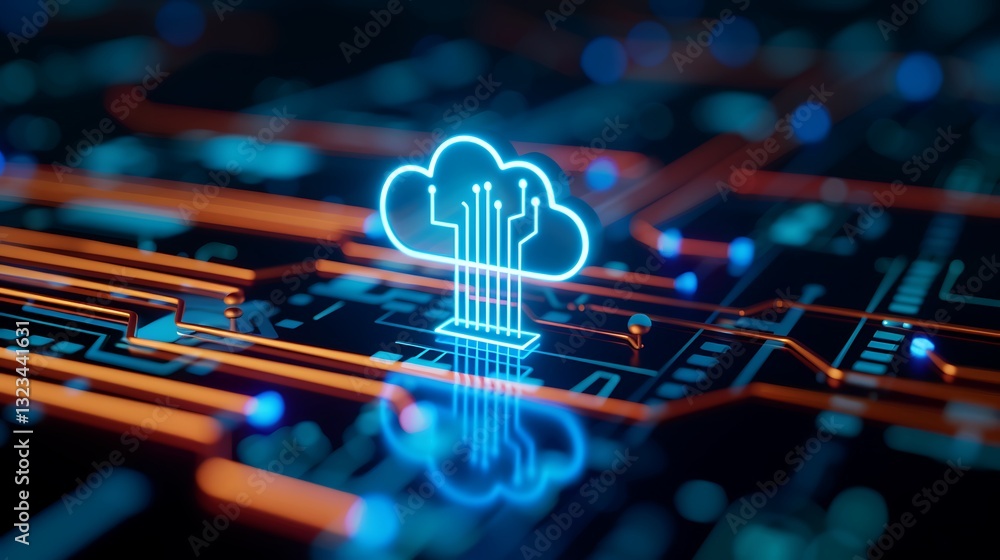 Poster digital cloud technology with circuit board background and neon glow effects for modern connectivity