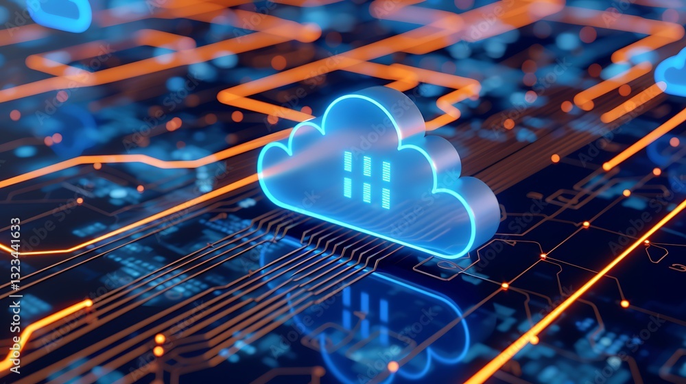 Poster digital cloud technology visualization with circuit board in blue and orange colors for data storage