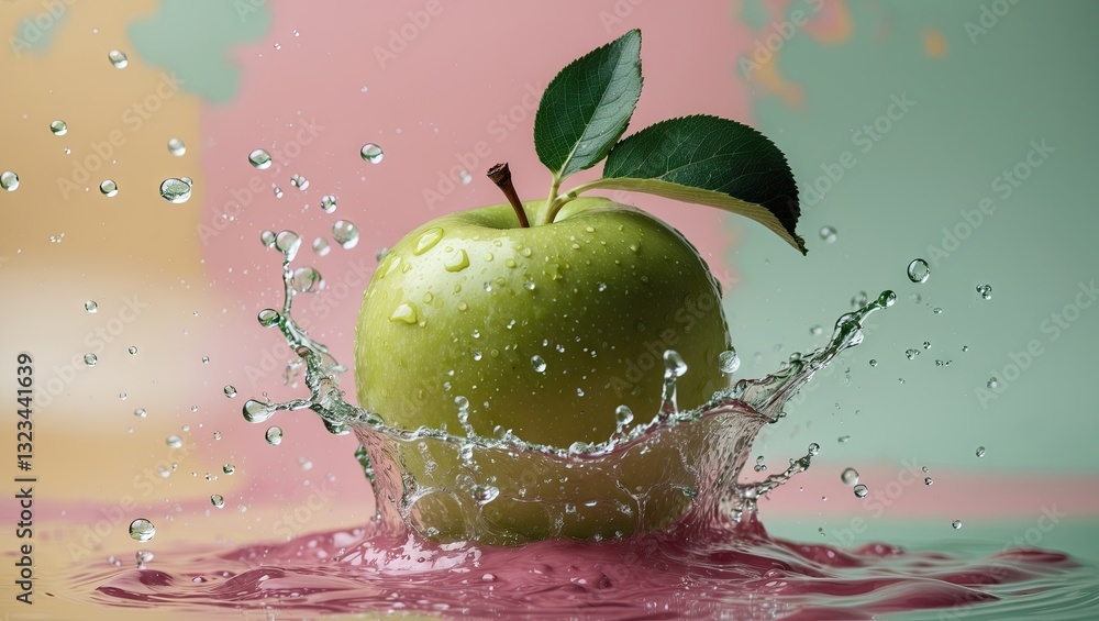 Aufkleber fresh green apple creating splashes of water against a soft pastel pink and green background with vi