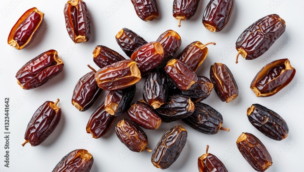 Poster dried date fruits scattered on a light gray surface featuring deep brown and black hues with ample w