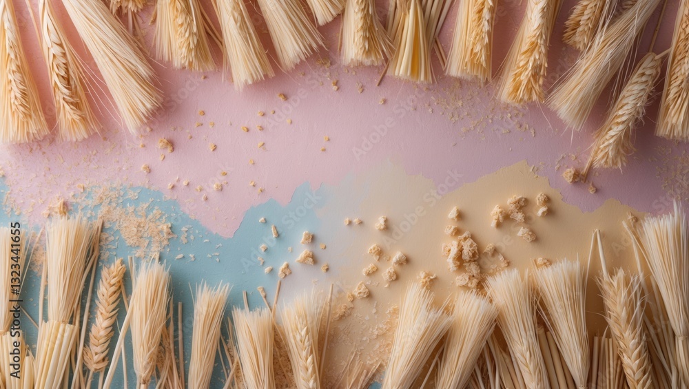 Poster pastel backdrop featuring soft pink and blue hues with arranged straw and wheat elements creating an