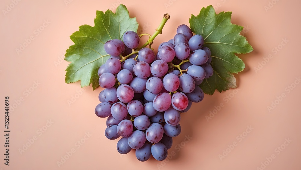 Poster juicy purple grapes on green leaves against a soft peach background from a top view creating a fresh