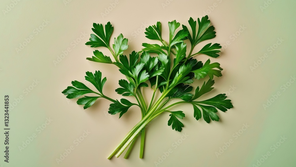 Poster fresh green parsley leaves arranged in a cluster on a soft pastel beige background showcasing vibran