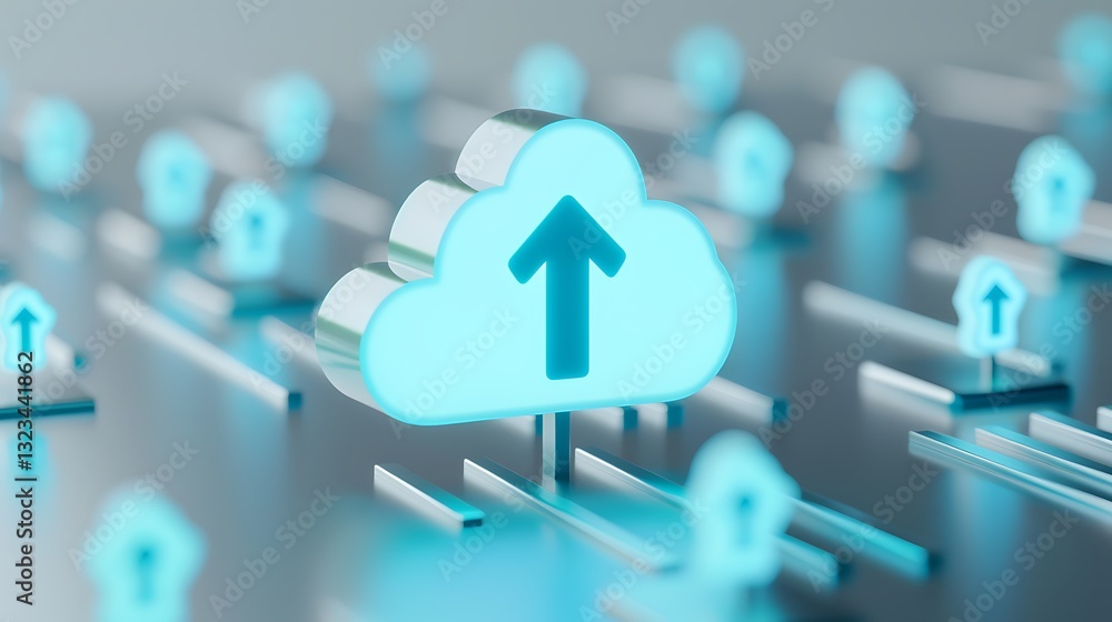 Poster digital cloud upload symbol with glowing arrows and blurred background showcasing data transfer and 