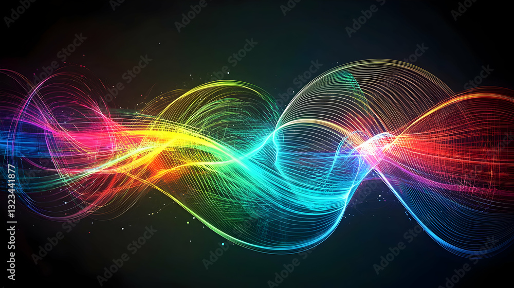 Poster vibrant abstract digital wave form with rainbow colors and dynamic particle effects against dark bac