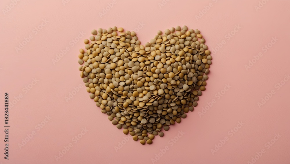 Poster heart-shaped arrangement of green lentils on a soft pastel pink background creating a warm and invit