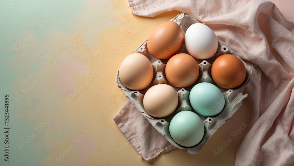 Poster pastel colored eggs arranged in a carton on a soft muted background with a light fabric draped in th