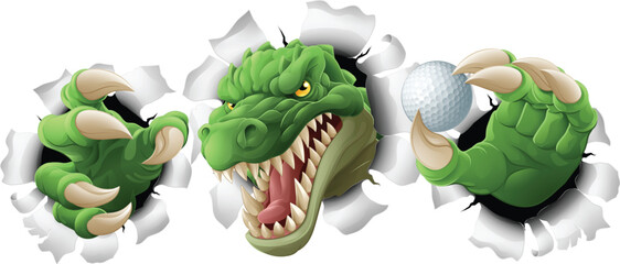 A crocodile, dinosaur or alligator lizard sports mascot holding a golf ball © Christos Georghiou