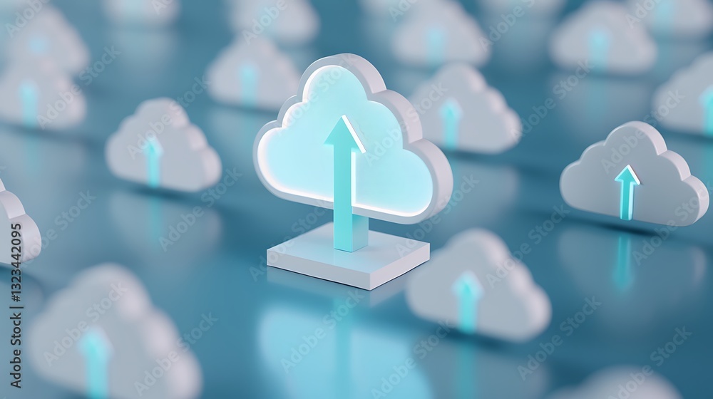 Poster digital cloud with upward arrow symbolizing data upload and online storage technology in a futuristi