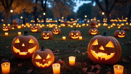 Festive Halloween scene with glowing jack-o'-lanterns and flickering candles scattered across a park, featuring warm orange and soft yellow tones.