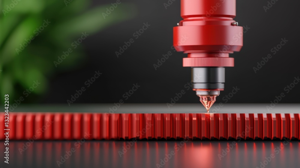 Poster a close-up of a red laser cutting machine working on a textured surface, surrounded by a hint of gre