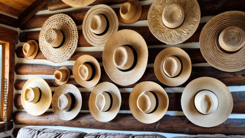 Poster creative display of decorative straw hats arranged on a rustic log wall with natural brown wooden be