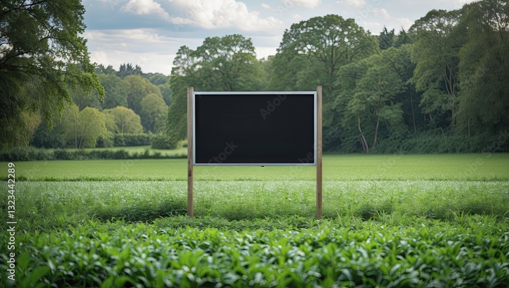 Poster empty signboard positioned centrally in a lush green field, surrounded by trees and cloudy sky, idea