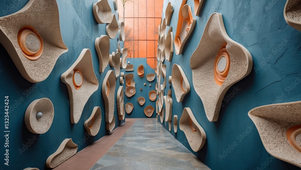 Poster decorative abstract wall featuring textured beige and blue elements arranged asymmetrically in a cor