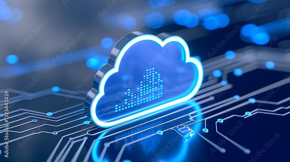 Poster digital illustration of cloud computing concept with circuit board pattern and blue neon elements