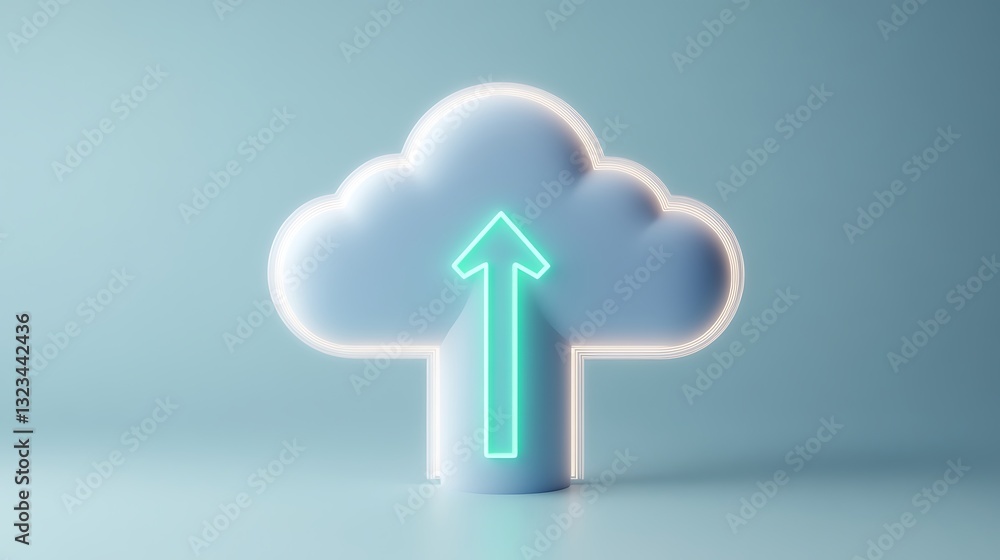 Poster digital representation of cloud symbol with arrow indicating uploading data in modern style and soft