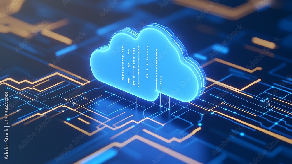 Poster digital representation of cloud computing with neon lights and circuit connections for technology co
