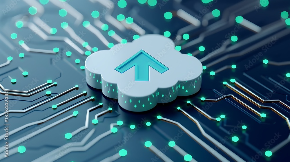 Poster digital representation of cloud storage with upload arrow on a circuit board background for technolo