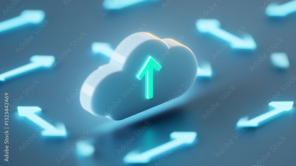 Poster dynamic cloud storage concept with upward arrows symbolizing data transfer and digital growth in mod