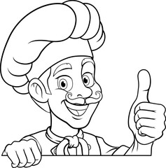 A chef or baker cartoon cook food man mascot character peeking around a sign or menu with copy space illustration