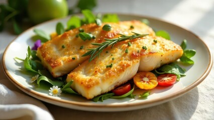 Pan-Seared Fish Fillets with Herb Garnish and Fresh Salad on a Plate