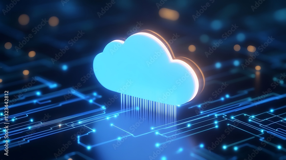Poster futuristic cloud computing concept with data flow and circuitry in a digital environment