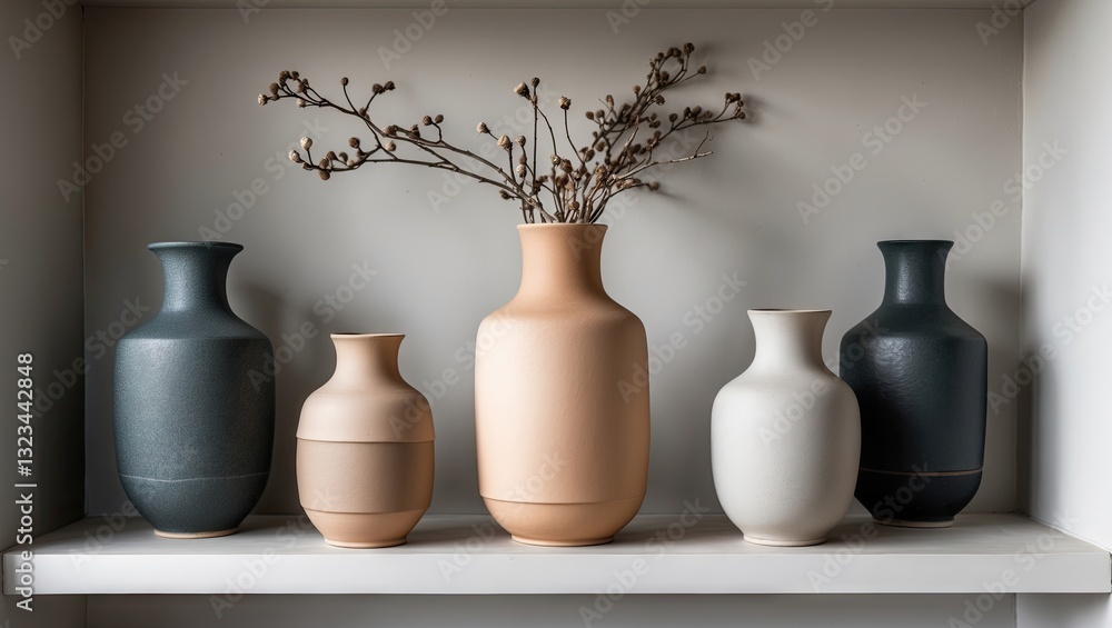 Aufkleber minimalist ceramic vases in neutral tones displayed on a light-colored shelf with dried flowers acce